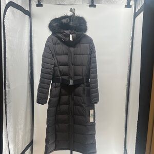 Calvin Klein Long Black Puffer Coat with Fur Trim